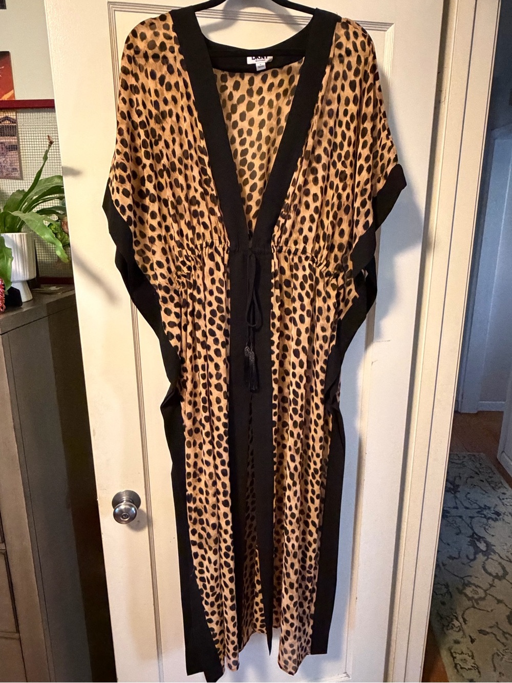 DKNY Leopard Print Kimono Cover-Up with Black Trim & beaded ties. So chic!